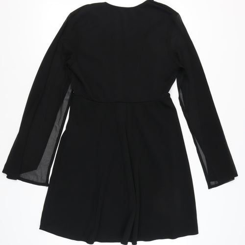 Boohoo Women Black Size 14 A-Line Short Long Sleeve V-Neck Dress
