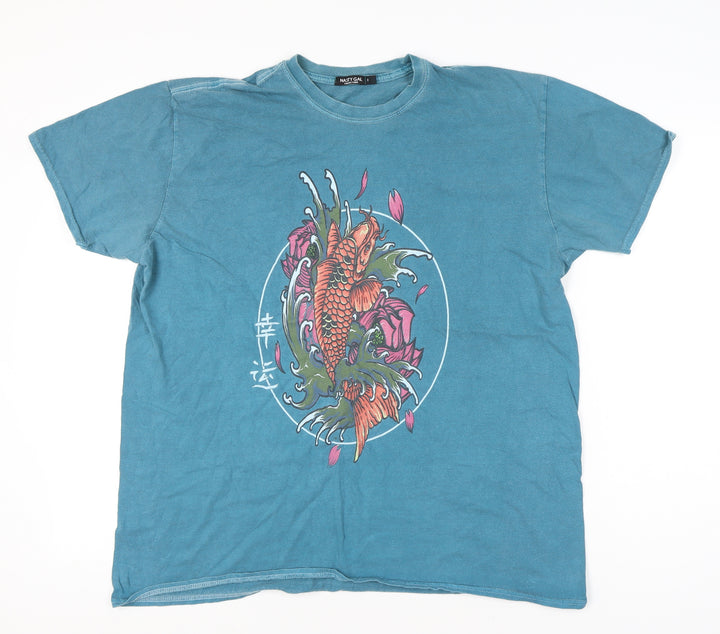 Nasty Gal Womens Blue Graphic Fish Print T-Shirt Size S Casual