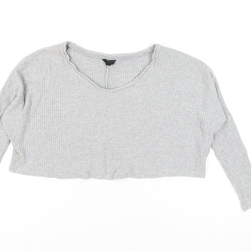 Topshop Women Grey UK 4 Cropped Long Sleeve V-Neck Knit Top