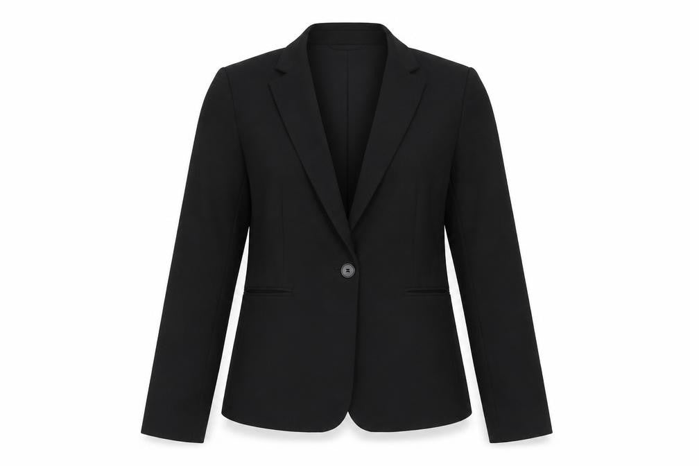 Front view of H&M Women’s Black Suit Jacket, size UK 12, Regular Notch Lapel Workwear