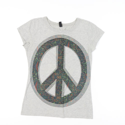 ONLY Womens Grey Peace Print Short Sleeve T-Shirt Size M