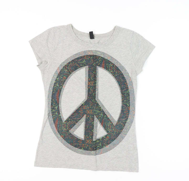 ONLY Womens Grey Peace Print Short Sleeve T-Shirt Size M