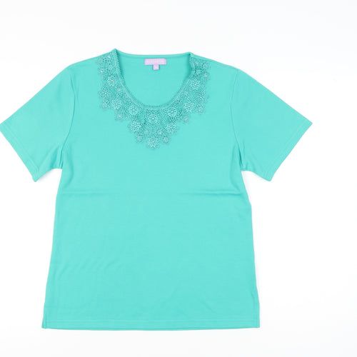 Paramour Womens Green Crochet Neck Short Sleeve T-Shirt Size M