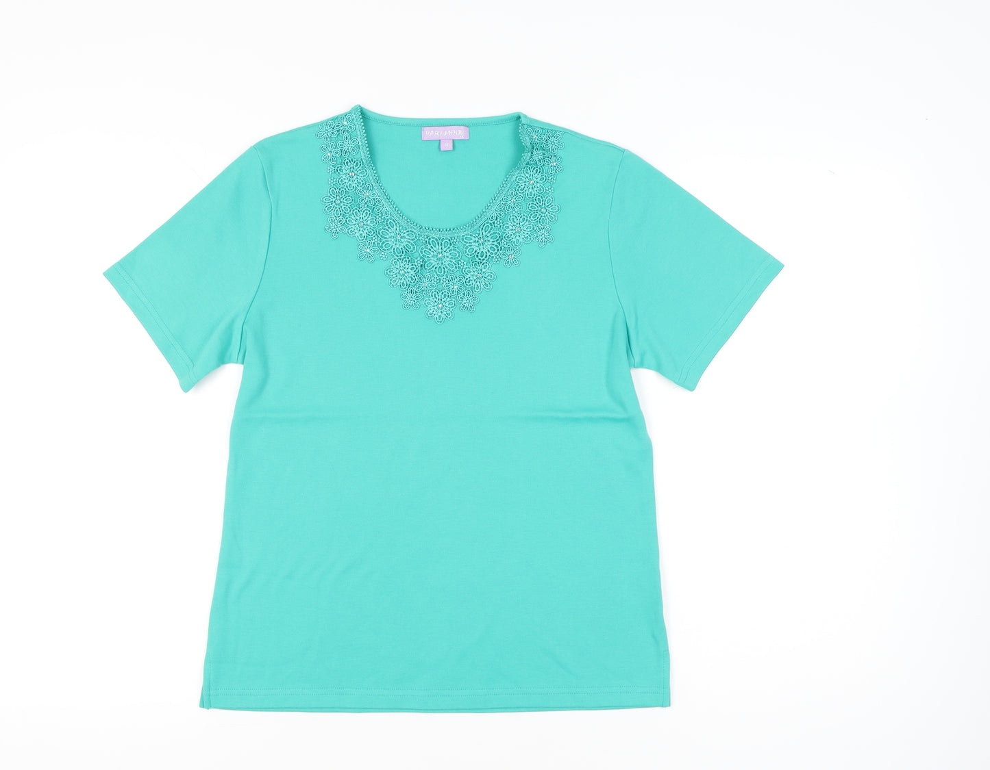 Paramour Womens Green Crochet Neck Short Sleeve T-Shirt Size M