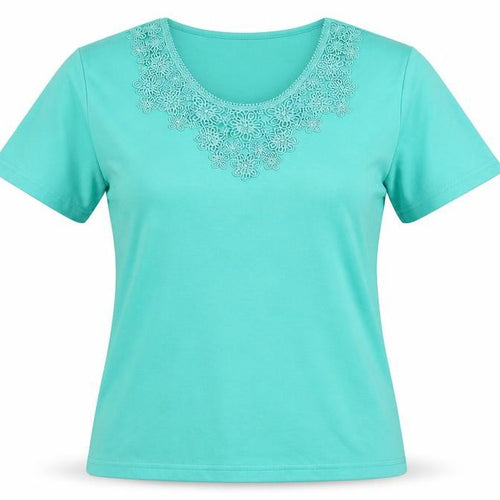 Paramour Womens Green Crochet Neck Short Sleeve T-Shirt Size M