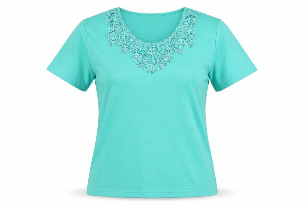 Paramour Womens Green Crochet Neck Short Sleeve T-Shirt Size M