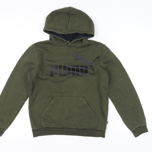 Puma Unisex Kids Green Pullover Hoodie 14-15Y Logo Graphic Fleece