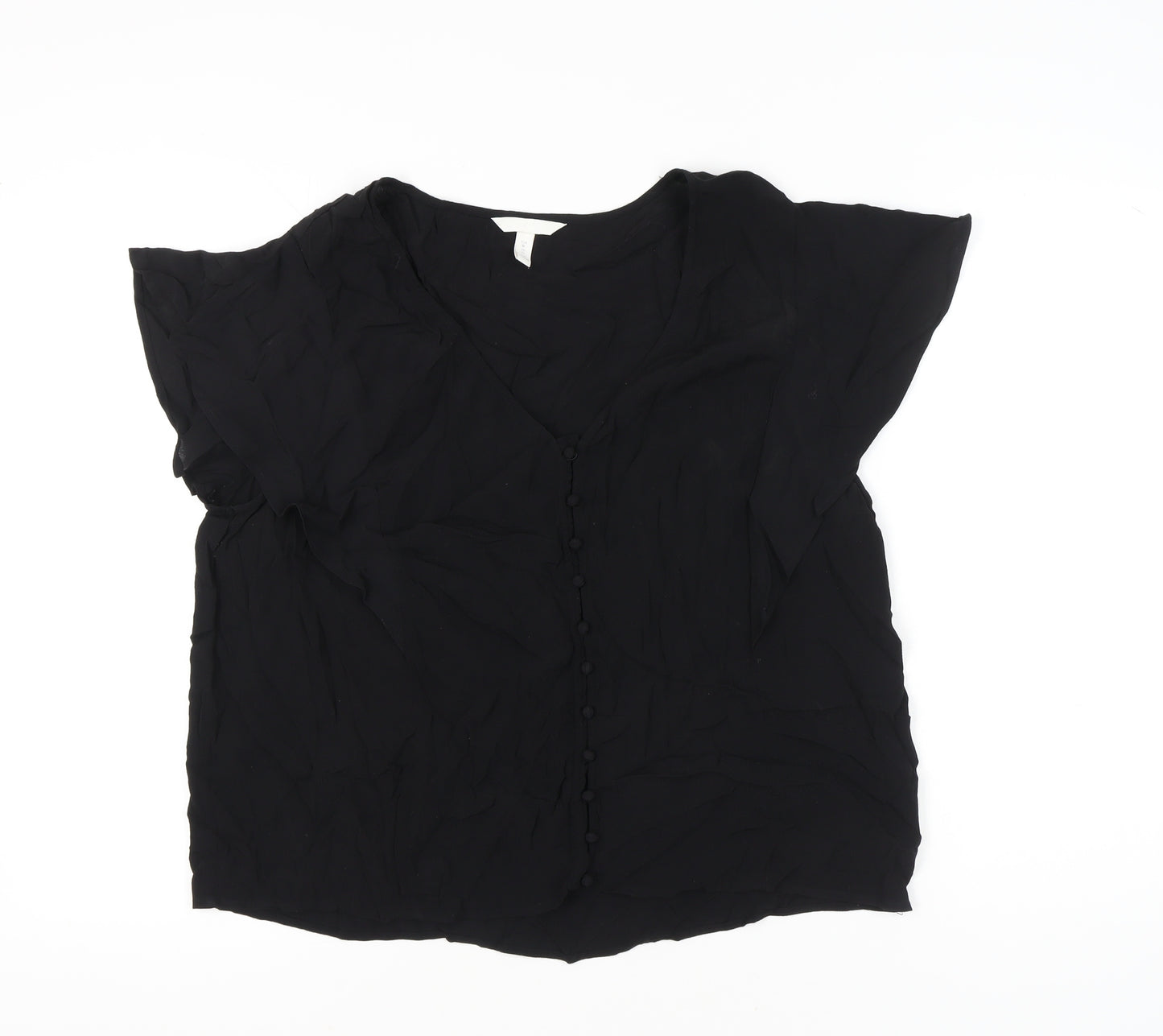 H&M Women’s Black Viscose Blouse XL Short Sleeve Button Front
