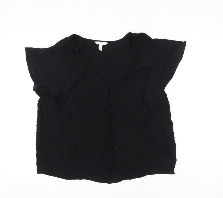 H&M Women’s Black Viscose Blouse XL Short Sleeve Button Front
