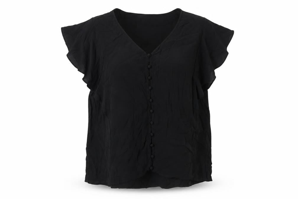 Front view of H&M Women’s Black Viscose Blouse XL Short Sleeve Button Front