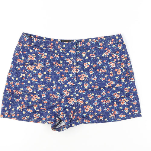 Topshop Women Blue Floral Shorts UK 12 High Rise Cotton Blend