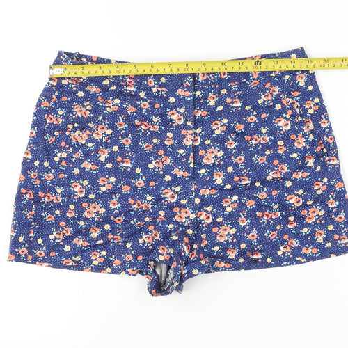 Topshop Women Blue Floral Shorts UK 12 High Rise Cotton Blend