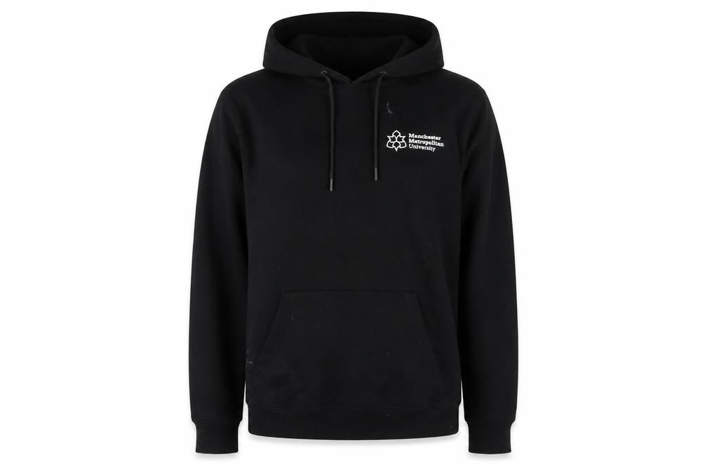 Front view of Manchester Metropolitan University Black Hoodie unisex s pullover