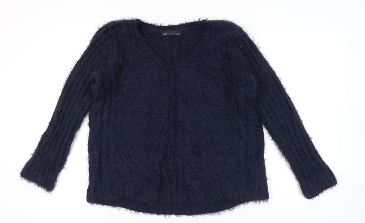Marks and Spencer Womens Blue L V-Neck Chunky Knit Pullover Jumper