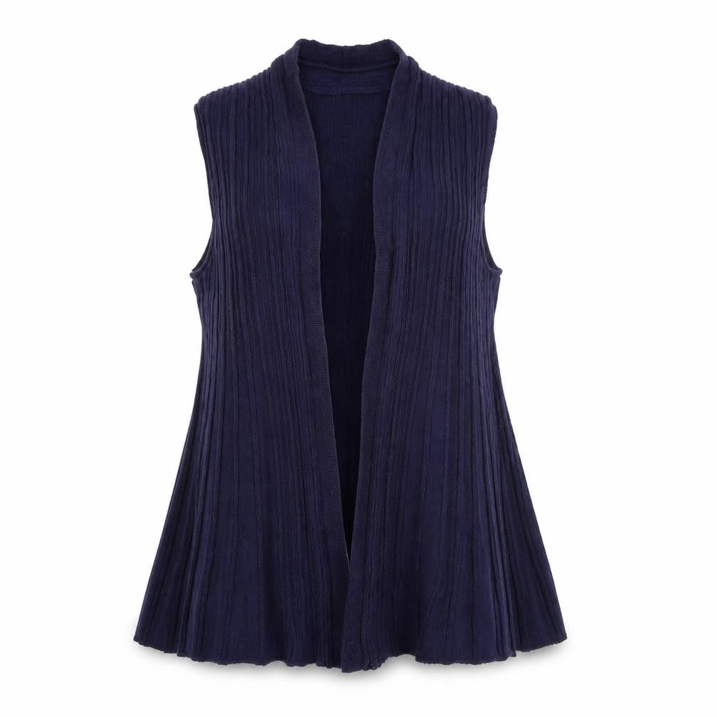 Front view of M&Co women’s petite blue sleeveless knit vest, size M