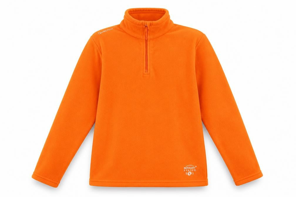 Front view of Quechua girls’ orange 14 years fleece pullover sweatshirt hiking