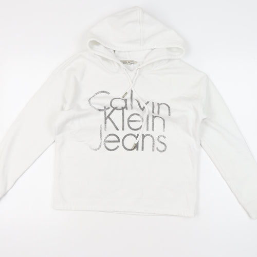 Calvin Klein Womens White Pullover Hoodie Size M Logo Print