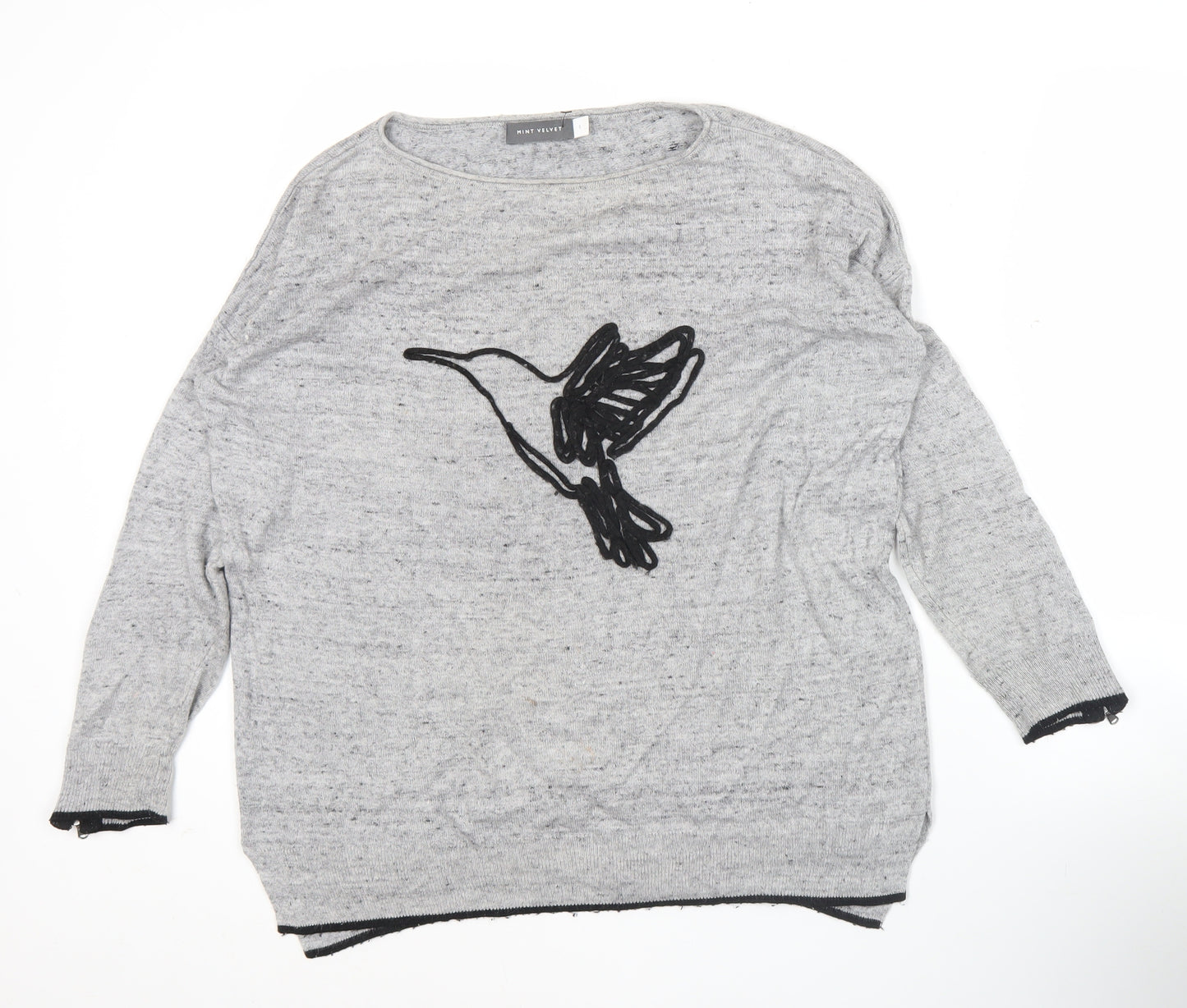 Mint Velvet Women’s Grey Wool Blend Jumper S Crew Neck Bird Motif