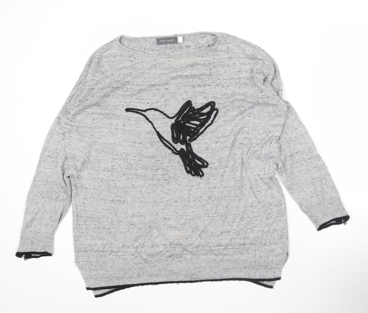Mint Velvet Women’s Grey Wool Blend Jumper S Crew Neck Bird Motif
