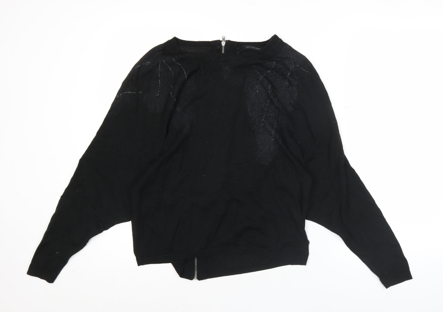 Calvin Klein Jeans Womens Black Cardigan S Wool Blend Embroidered Zip