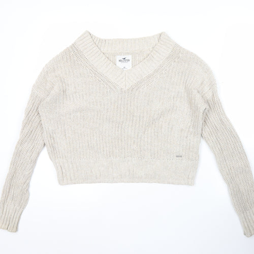 Hollister Women’s Beige XS V-Neck Chunky Knit Pullover Jumper