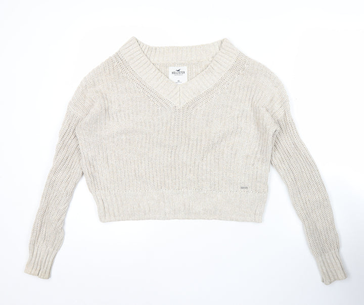Hollister Women’s Beige XS V-Neck Chunky Knit Pullover Jumper