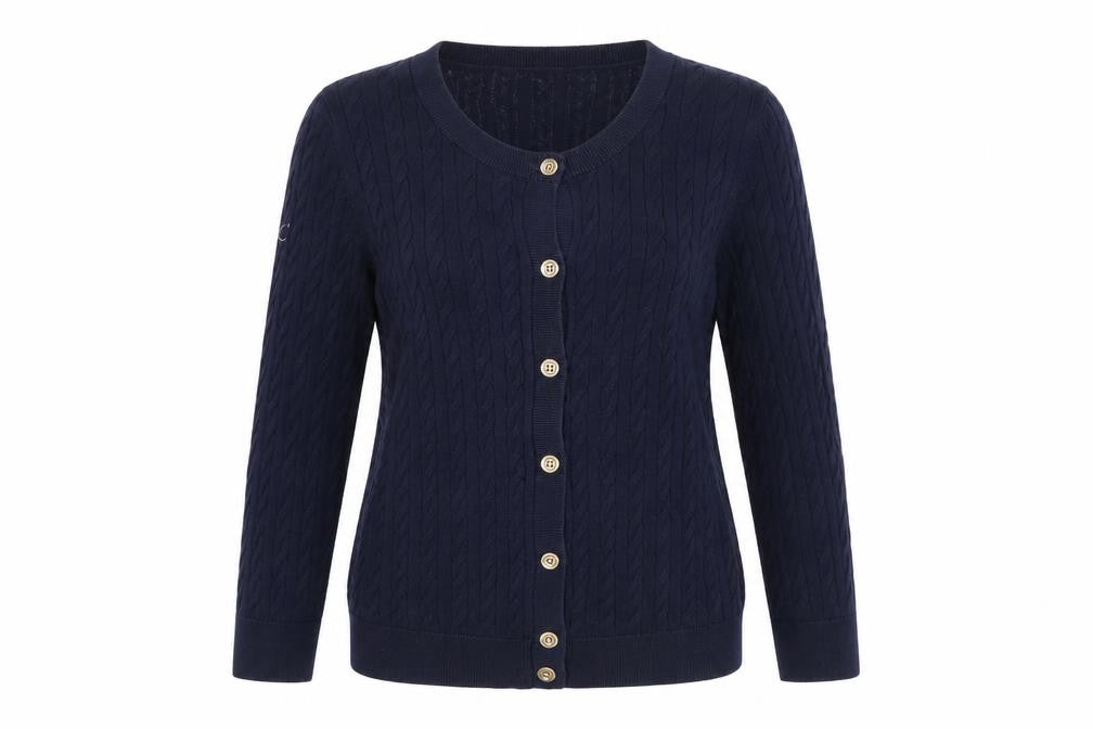 Front view of Talbots women’s blue cotton cable-knit cardigan jumper s