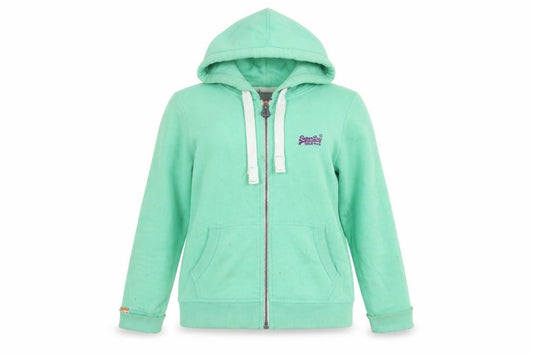 Front view of Superdry Women Green Hooded Zip Jacket M Cotton Blend Casual