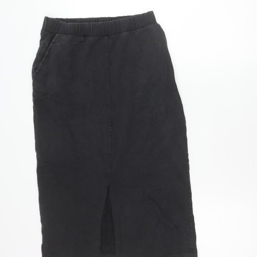 Pieces Women Black XS Cotton Midi Pencil Skirt with Slit