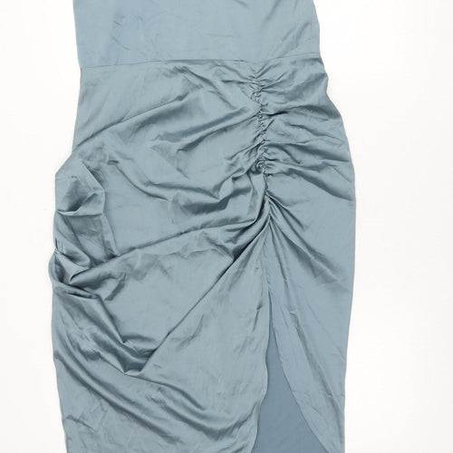 Cider Women’s Blue Midi Slip Dress L Ruched Strappy Polyester