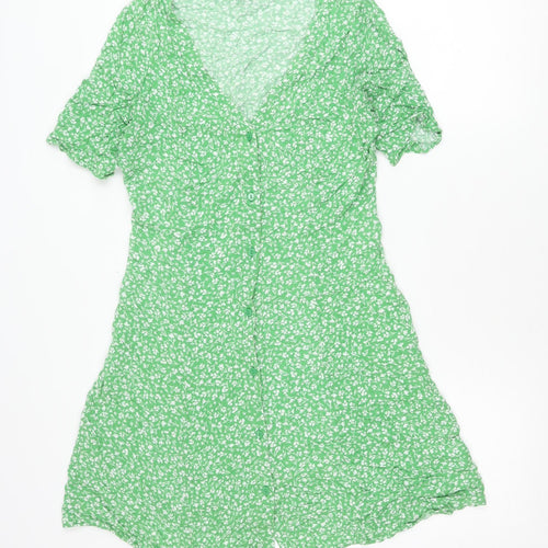 Monki Women’s Green Floral Viscose Midi Shirt Dress Size S