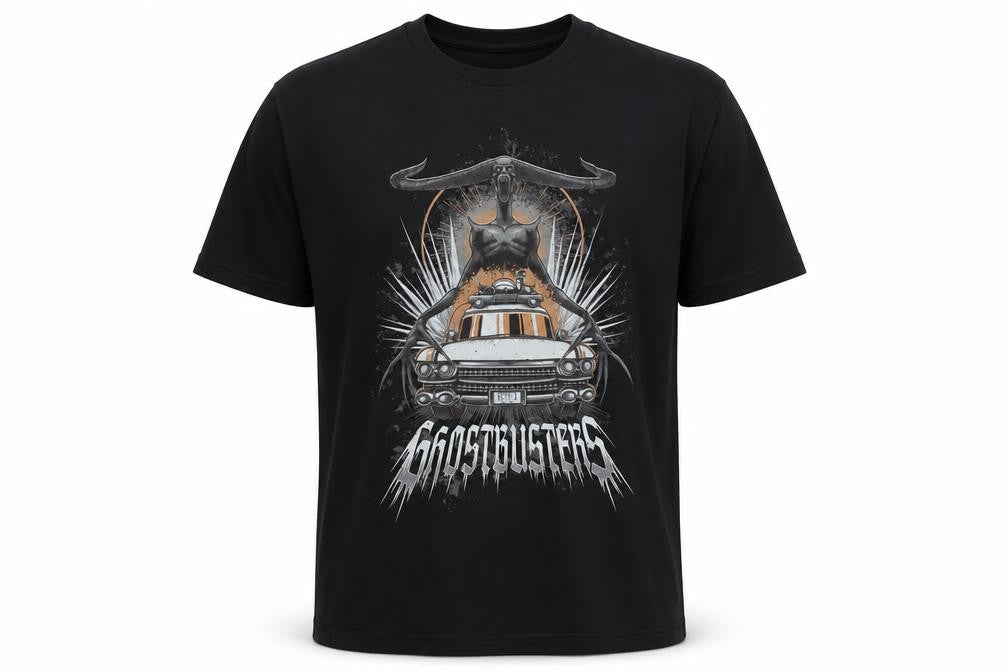 Front view of Forbidden Planet Men’s Black Ghostbusters XL Graphic T-Shirt