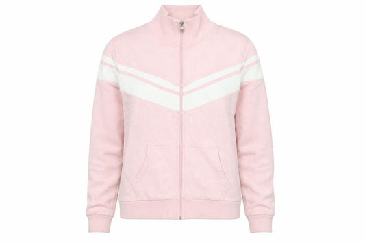 Front view of Criminal Damage Women’s Pink Varsity Jacket, size L, Cotton Casual Zip Up