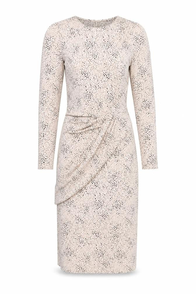 Front view of Marks & Spencer women’s beige polka dot wrap dress, size UK 6