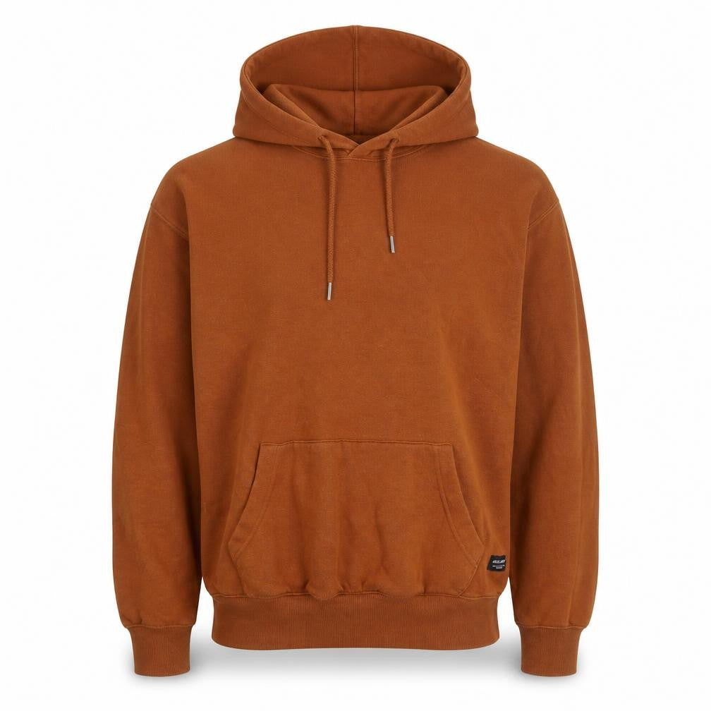 Front view of Jack & Jones Men's Brown Pullover Hoodie, size S, Regular Fit
