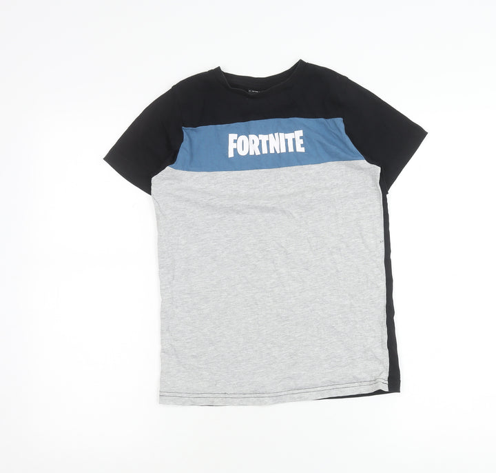 Fortnite Boys Black Blue Grey Colourblock Logo T-Shirt Size S Vanilla Underground