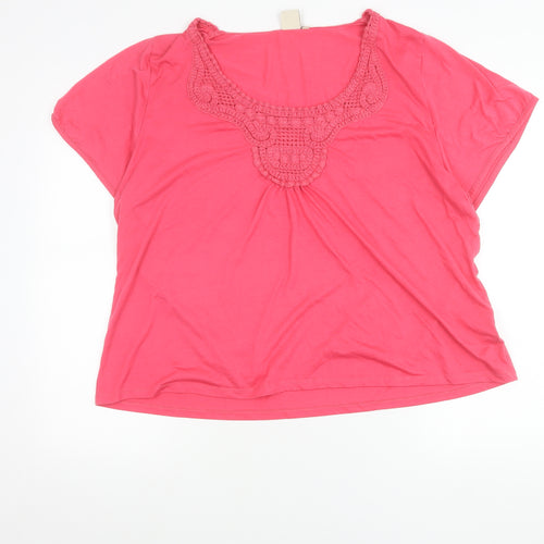 Cotton Traders Womens Pink Scoop Neck Crochet Detail T-Shirt Size 26