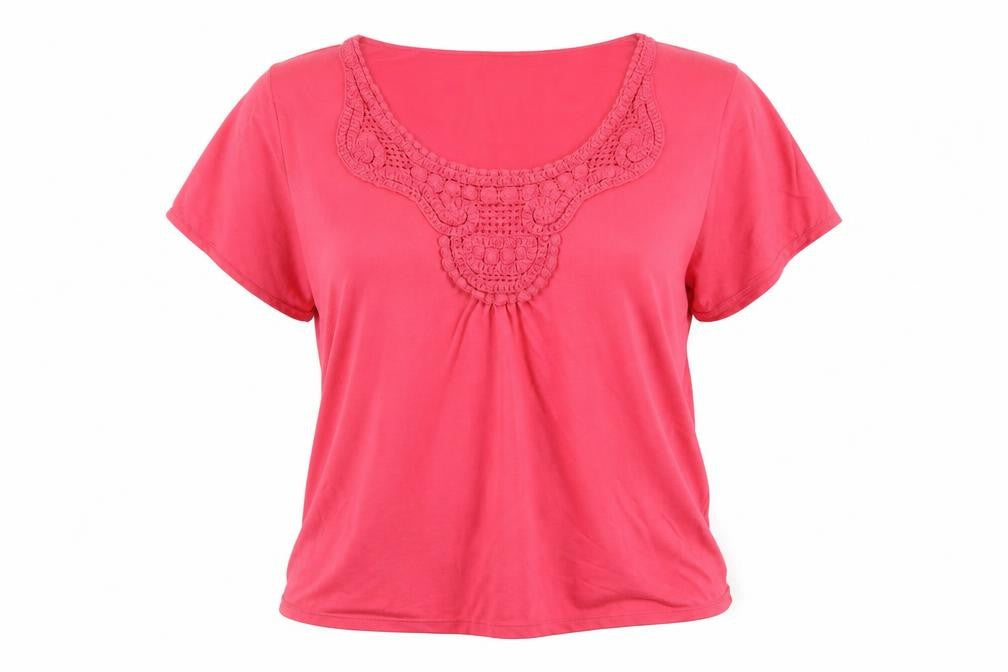 Cotton Traders Womens Pink Scoop Neck Crochet Detail T-Shirt Size 26