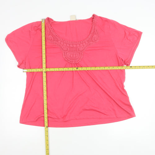 Cotton Traders Womens Pink Scoop Neck Crochet Detail T-Shirt Size 26