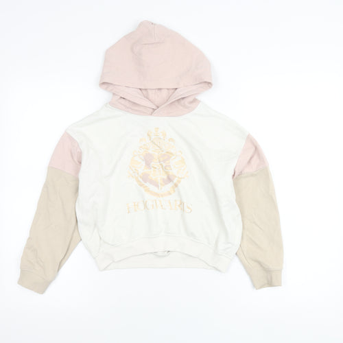 H&M Girls Harry Potter Hoodie 9-10Y Pink Beige White Pullover Hogwarts Crest