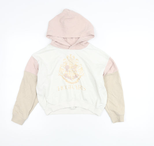 H&M Girls Harry Potter Hoodie 9-10Y Pink Beige White Pullover Hogwarts Crest