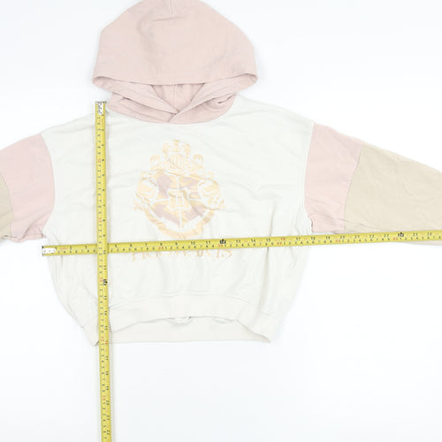 H&M Girls Harry Potter Hoodie 9-10Y Pink Beige White Pullover Hogwarts Crest