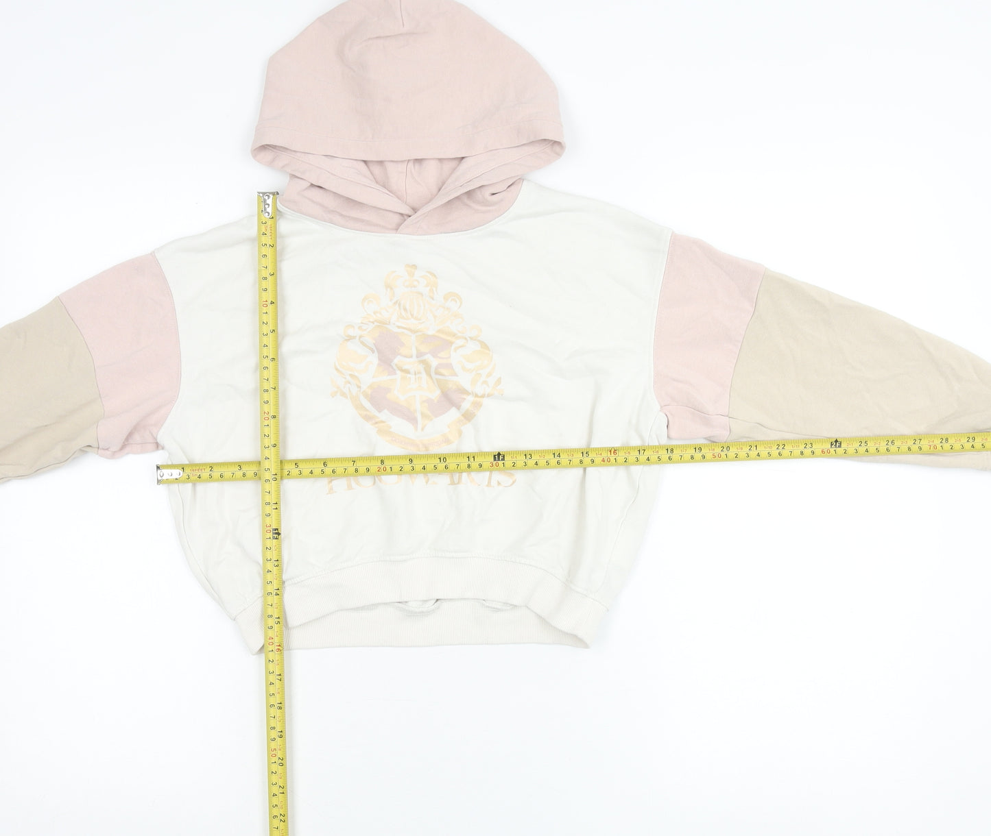 H&M Girls Harry Potter Hoodie 9-10Y Pink Beige White Pullover Hogwarts Crest