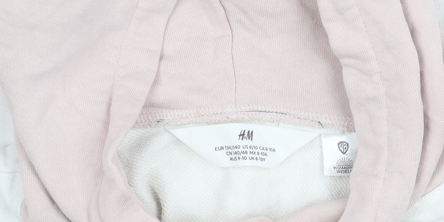 H&M Girls Harry Potter Hoodie 9-10Y Pink Beige White Pullover Hogwarts Crest