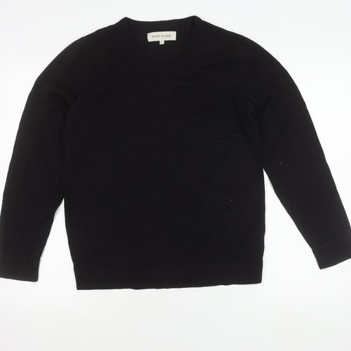 River Island Men's Black V-Neck Cotton Pullover Jumper Size S