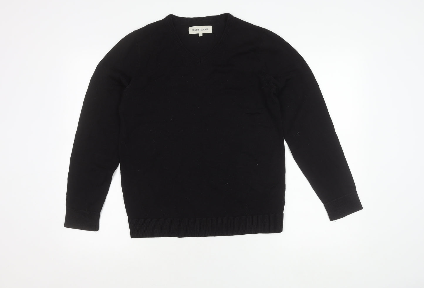 River Island Men's Black V-Neck Cotton Pullover Jumper Size S