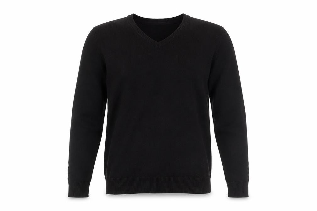 Front view of River Island Men's Black V-Neck Cotton jumper, size S