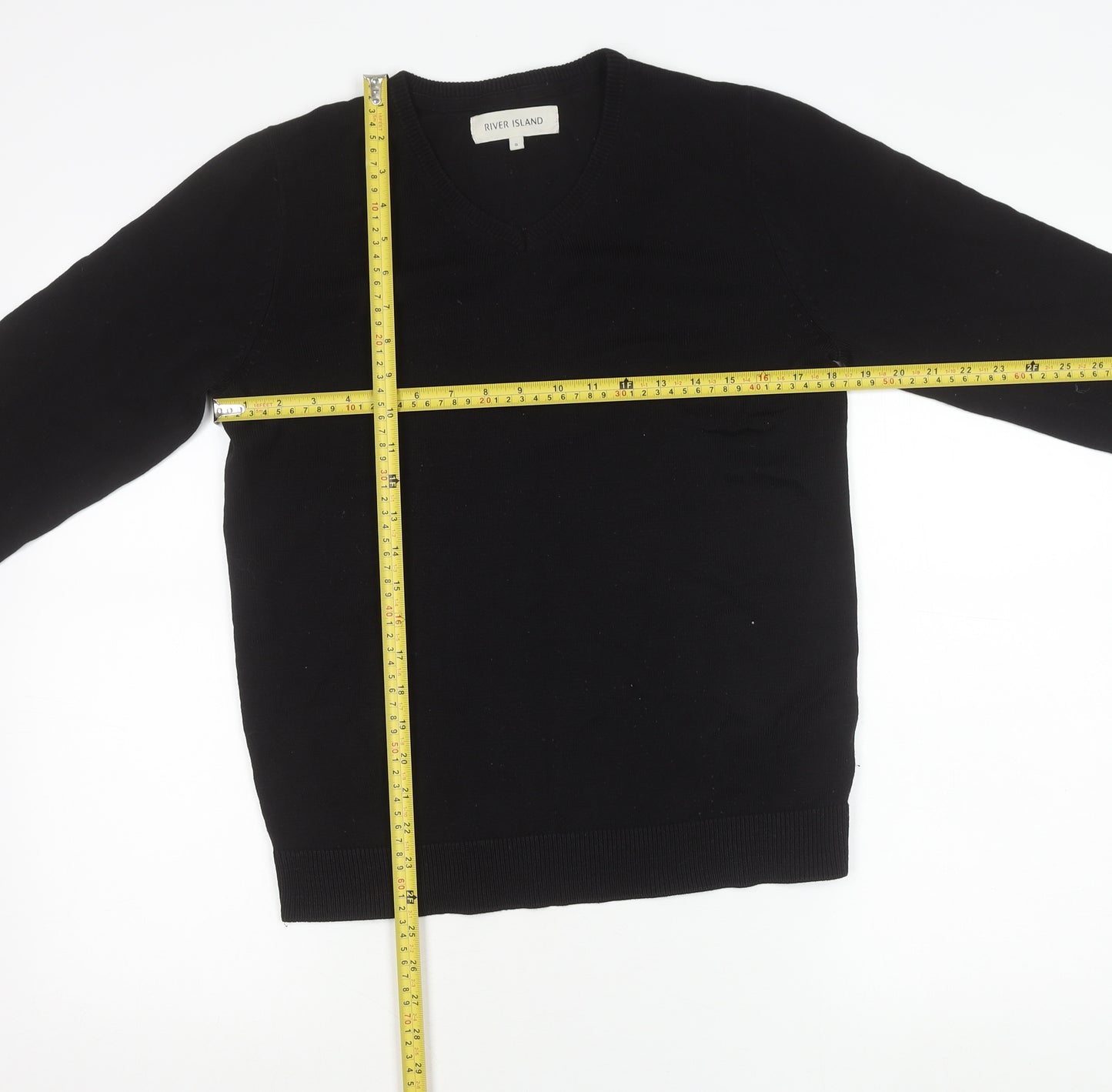 River Island Men's Black V-Neck Cotton Pullover Jumper Size S