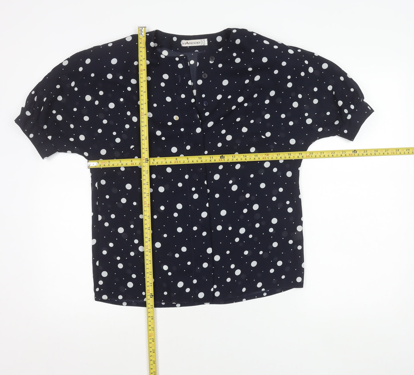 HARDOB Womens Blue Polka Dot Blouse UK12 Short Sleeve Button Top