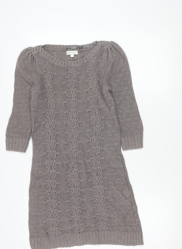 Monsoon Women Grey Knit Tunic Jumper Size S Scoop Neck Long Sleeve